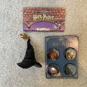 Vintage Harry Potter Black Sorting Hat Ornament + HP House Crest Buttons
